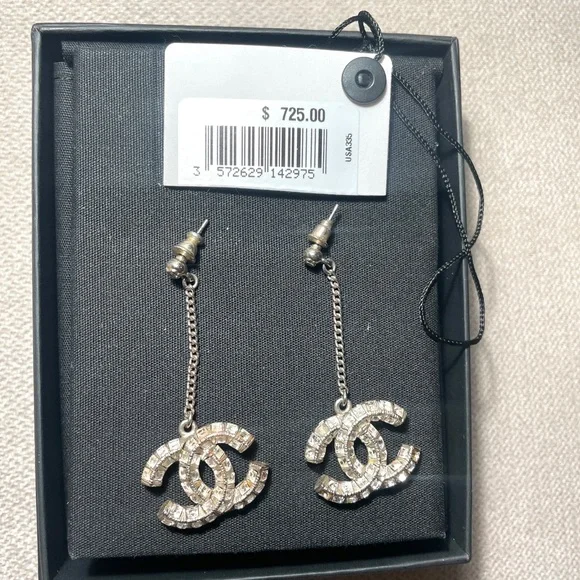 Authentic CHANEL Silver and Crystal Logo Earrings - Picture 3 of 7